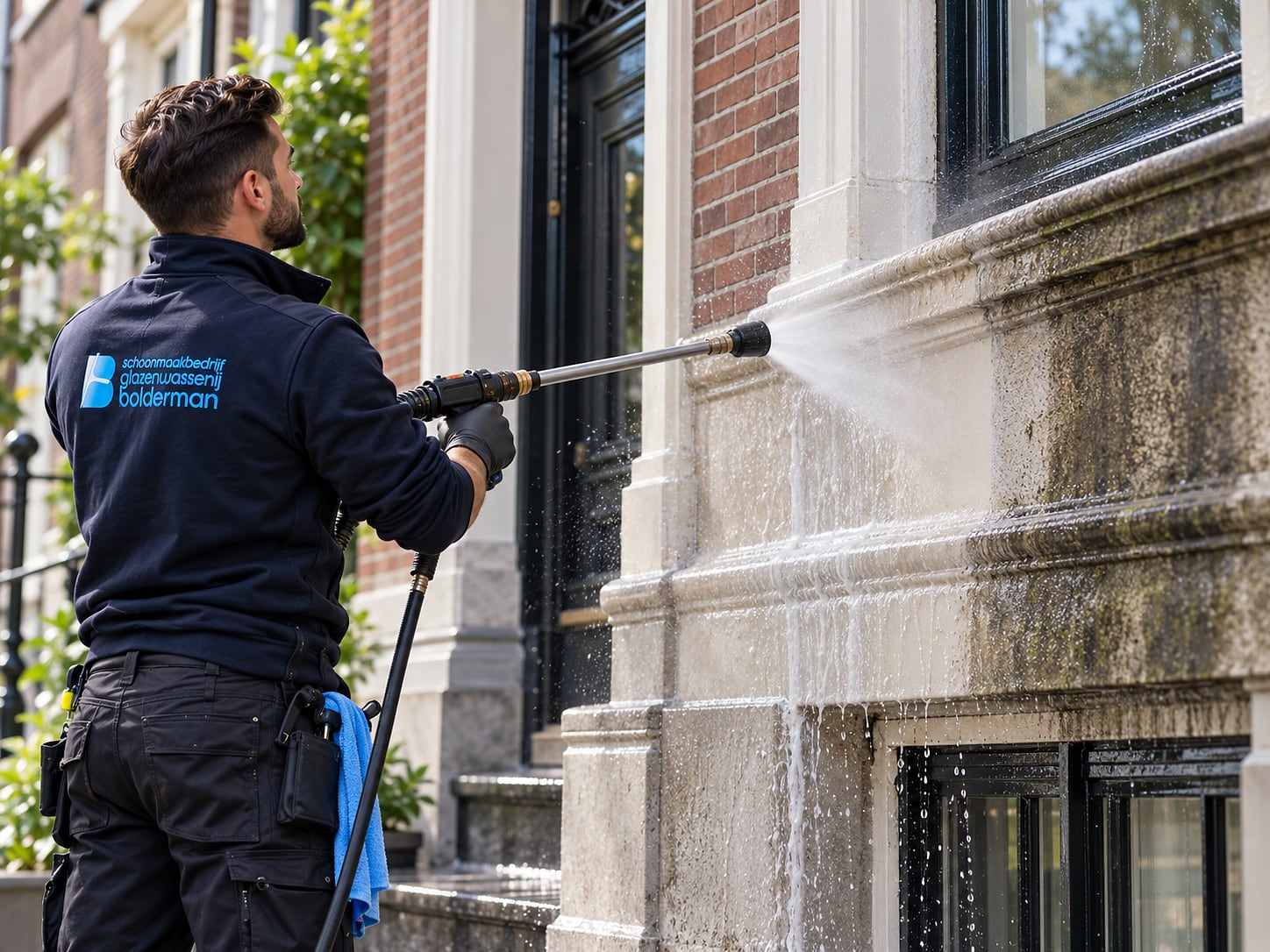 Natuurstenen gevel van een Amsterdams pand wordt met water gereinigd