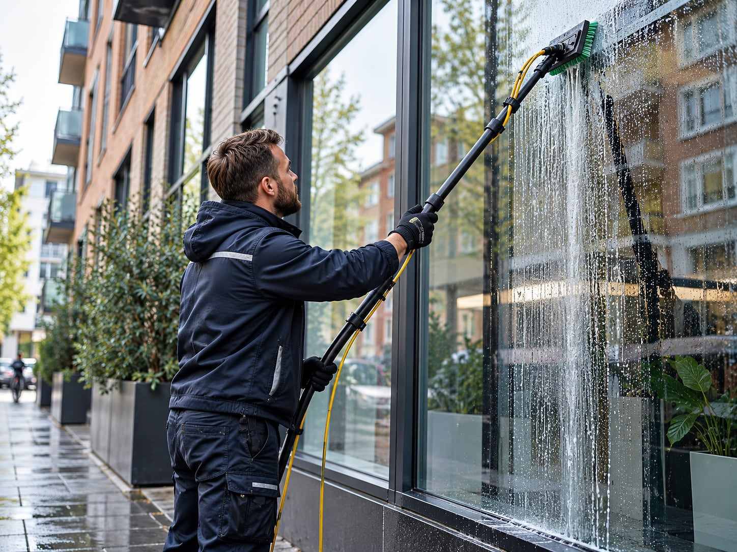 Glazenwasser wast een pui met een telescoopsteel en zuiver water