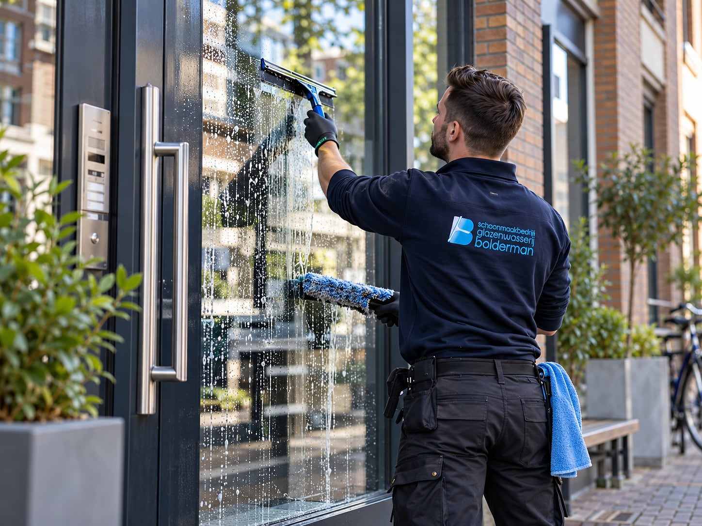 Glazenwasser reinigt de glazen entree van een bedrijfspand
