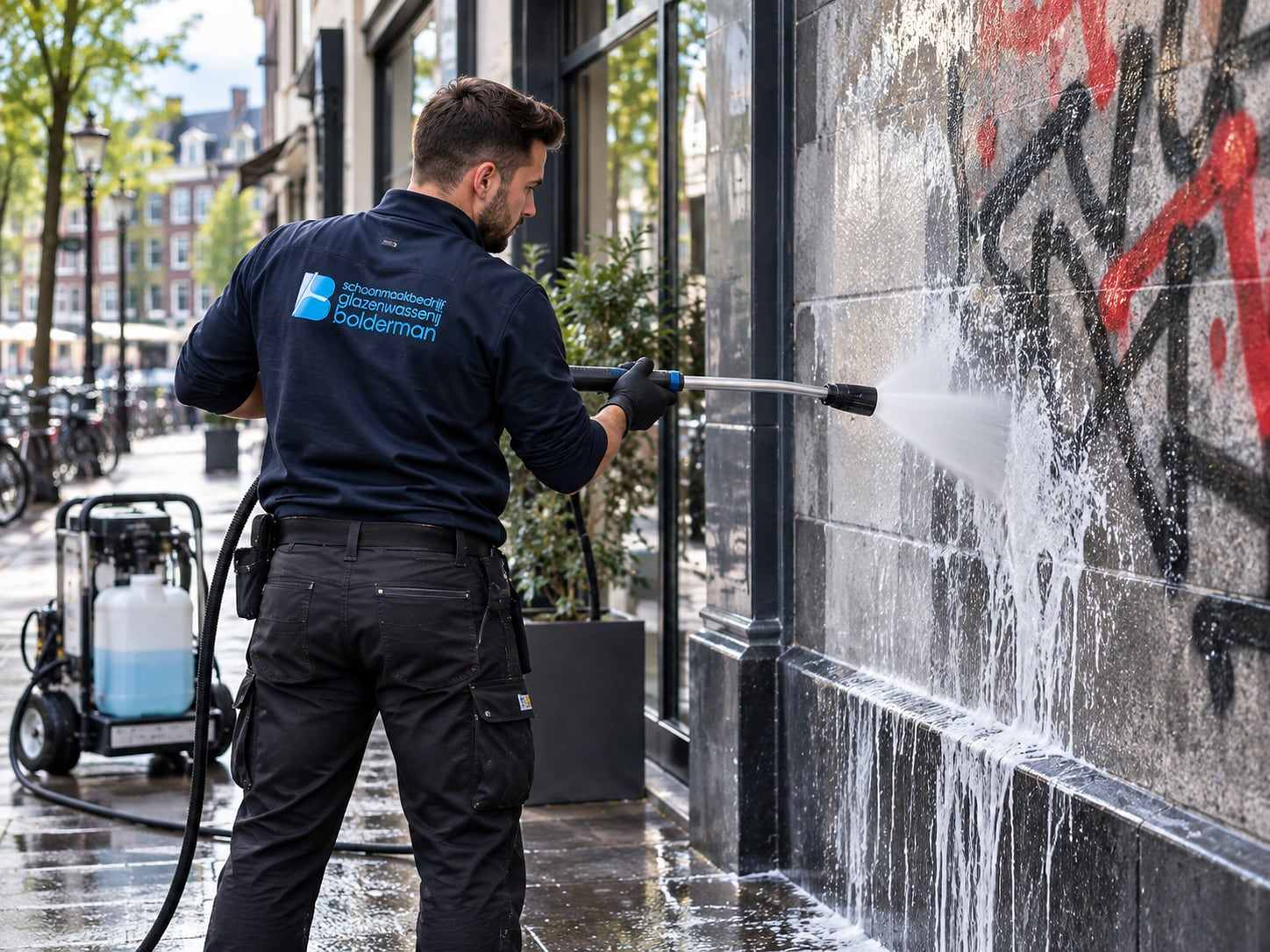Graffiti wordt met hoge druk van een gevel in een Amsterdamse straat verwijderd