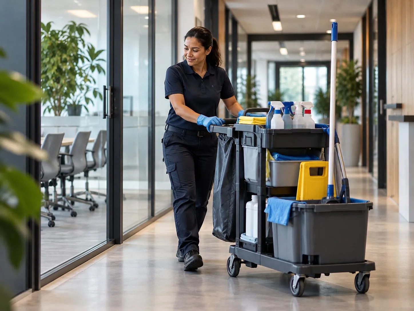 Medewerker met schoonmaakkar in een kantoorgang