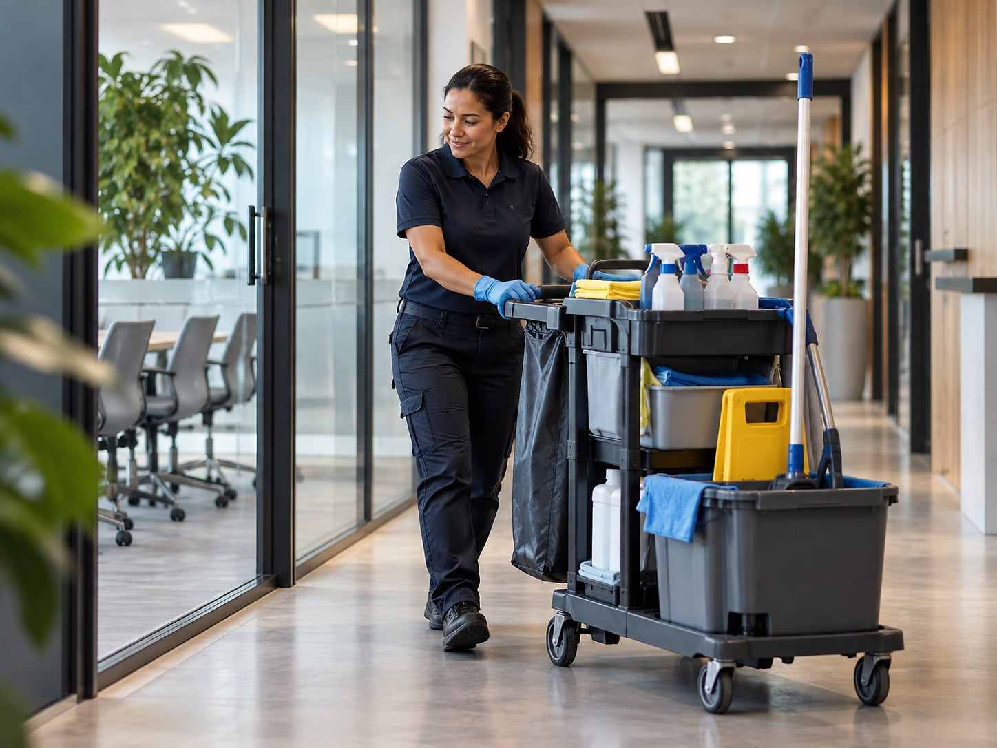 Medewerker met schoonmaakkar in een kantoorgang