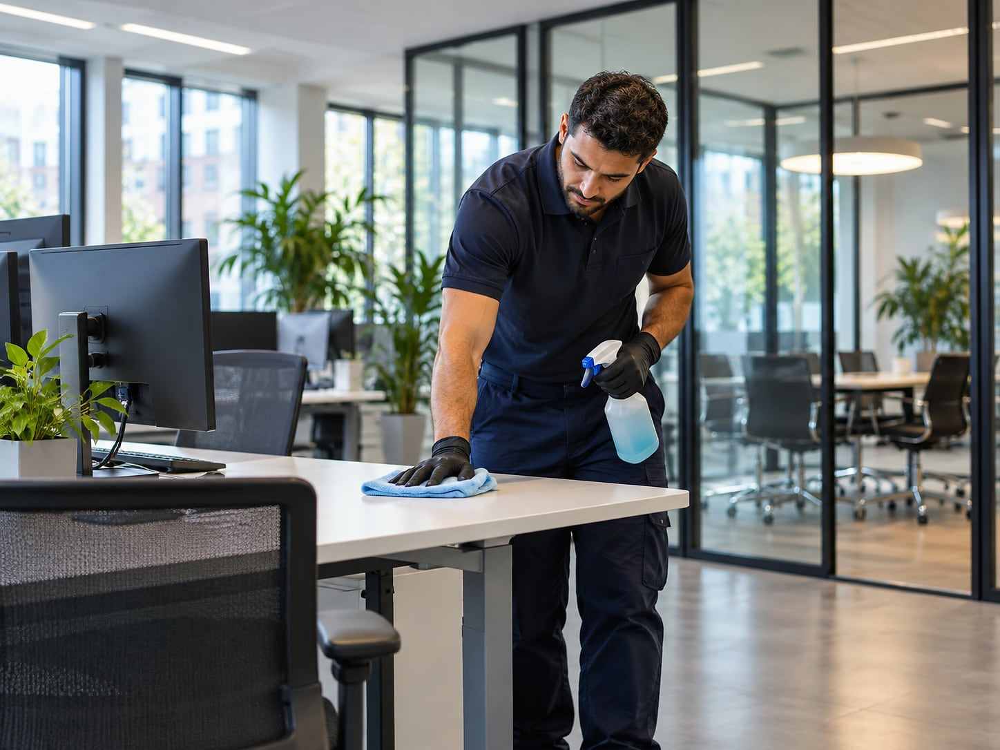 Medewerker neemt een bureau af in een kantoor met glazen wanden