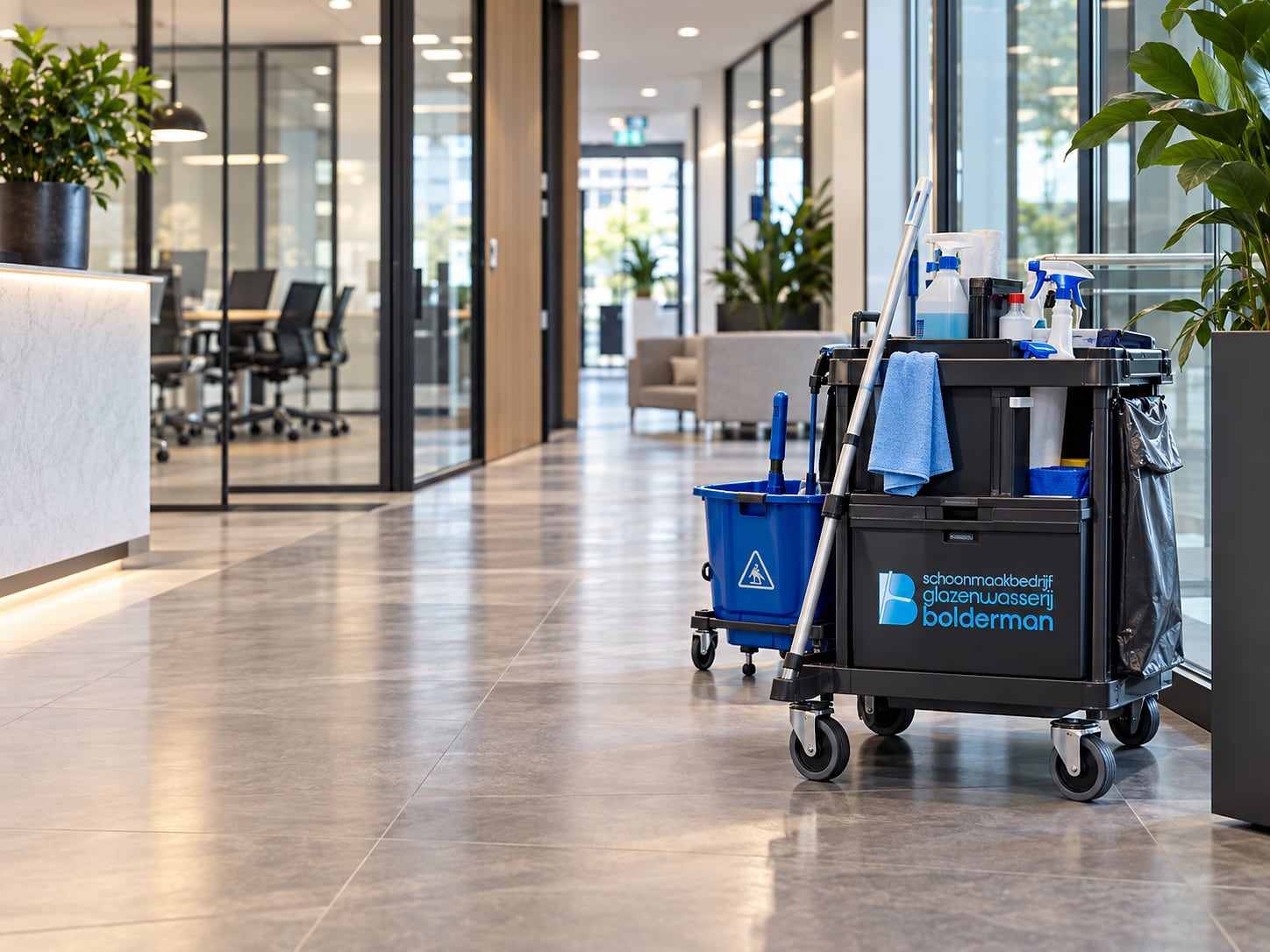 Schoonmaakkar met het Bolderman-logo in een kantoorlobby
