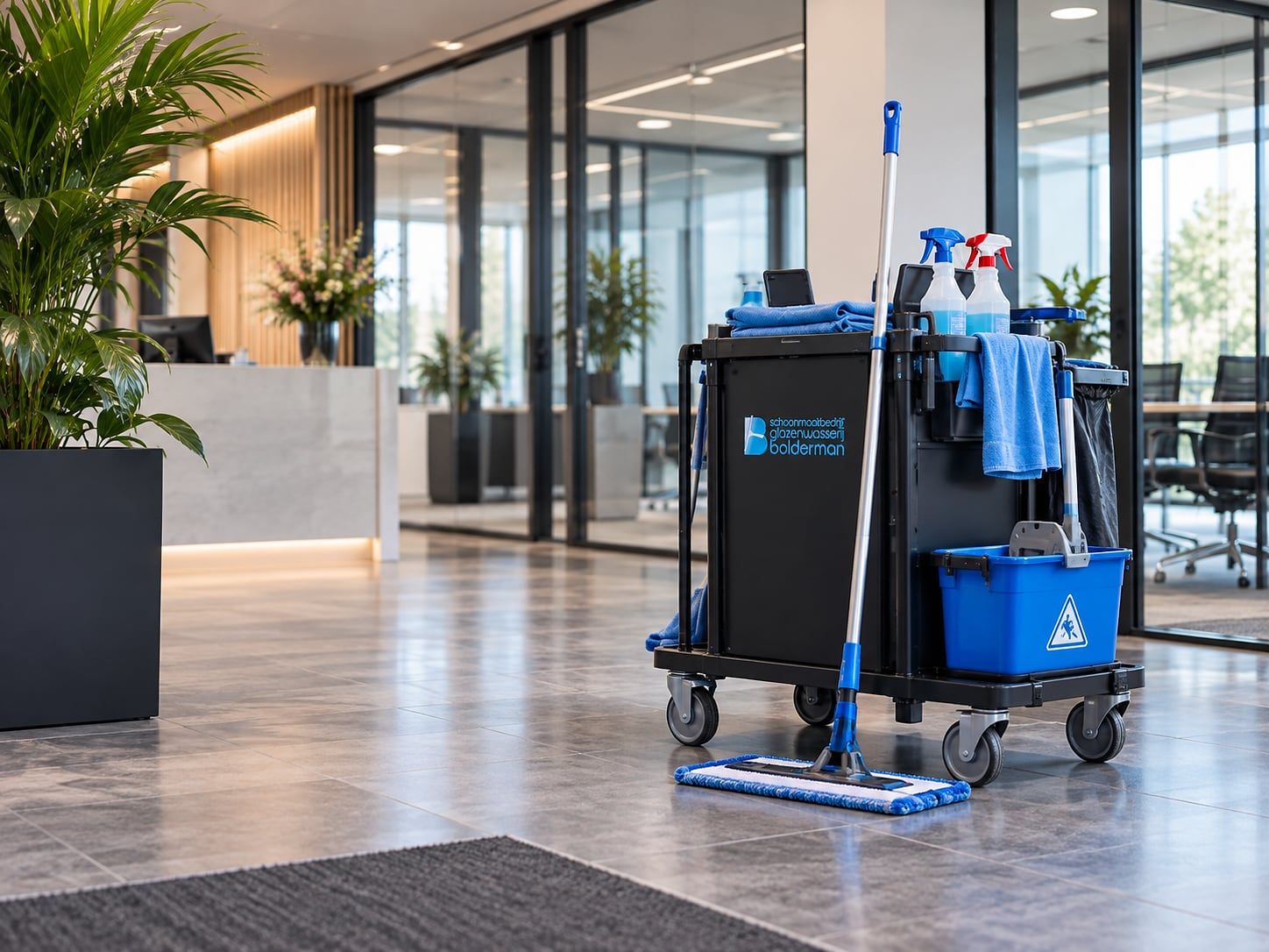 Schoonmaakkar met mop, emmers en middelen