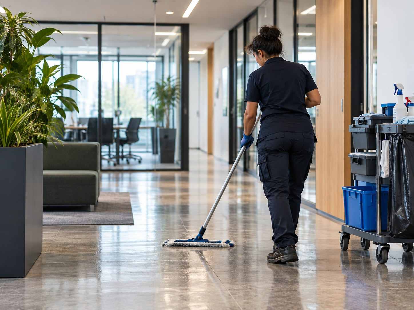 Medewerker dweilt een kantoorgang, met de schoonmaakkar ernaast