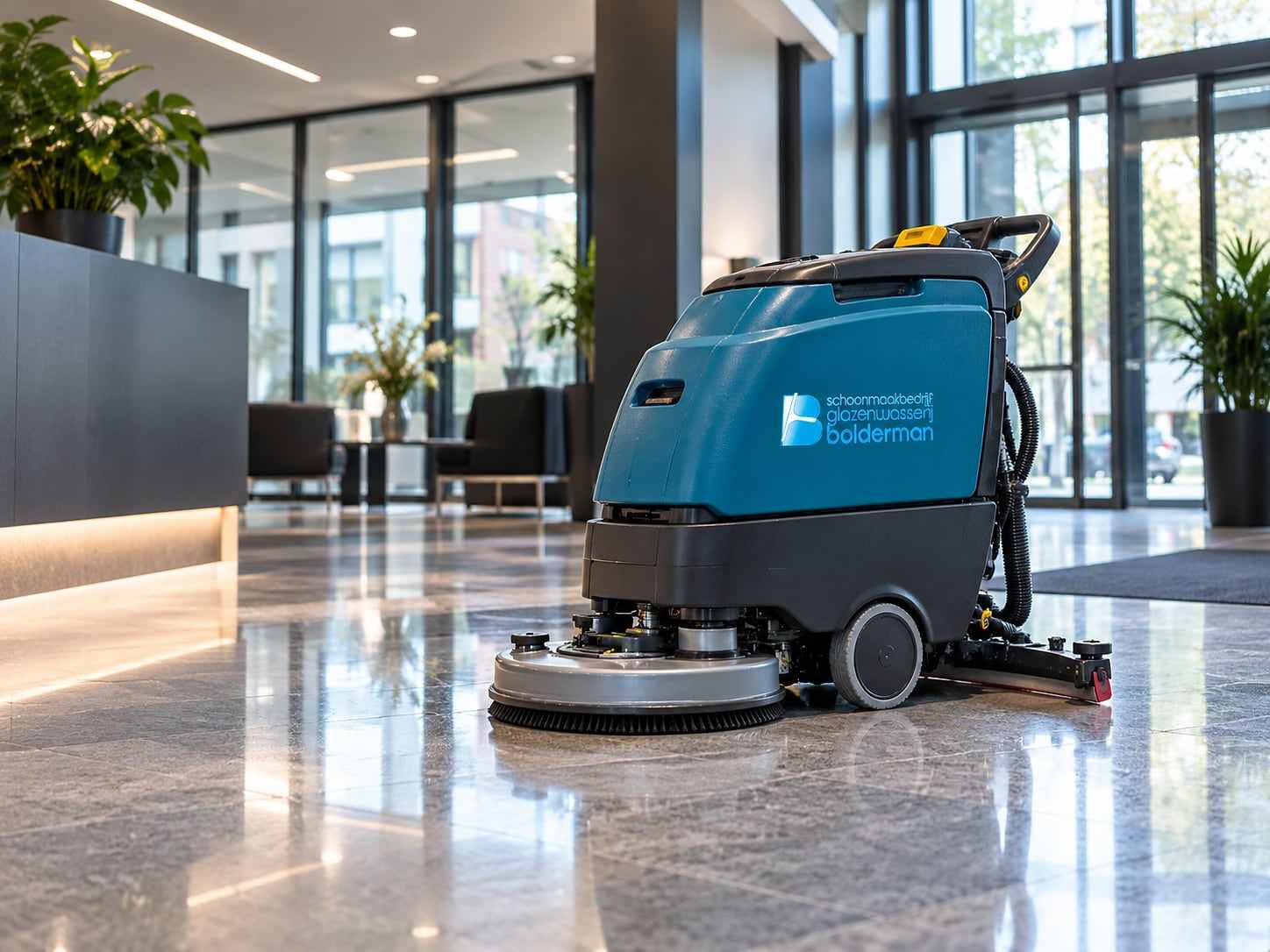 Schrobmachine met het Bolderman-logo in een kantoorlobby