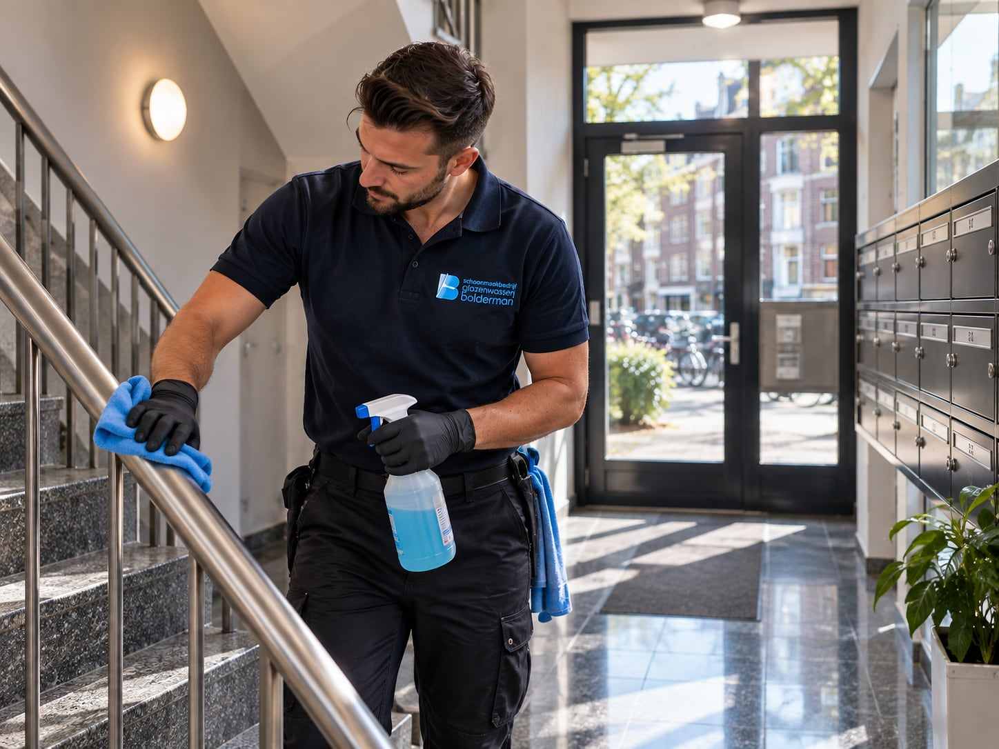 Medewerker reinigt de trapleuning in een trappenhuis met brievenbussen